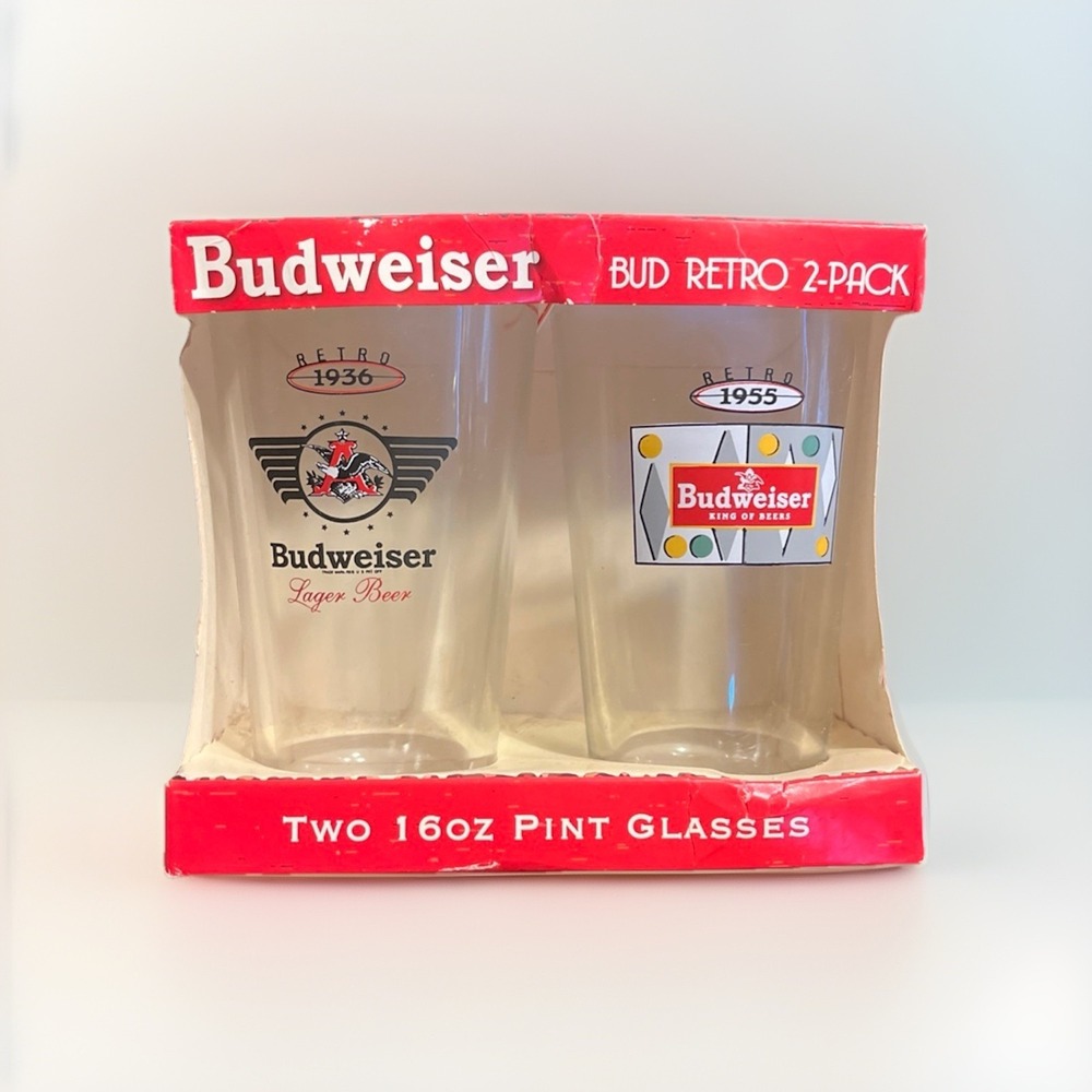 NOS Budweiser Bud Retro 2-Pack 16oz Pint Glasses
